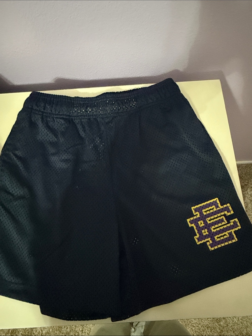 Eric Emanuel Black Mesh Shorts with Red Trim Logo Patch
